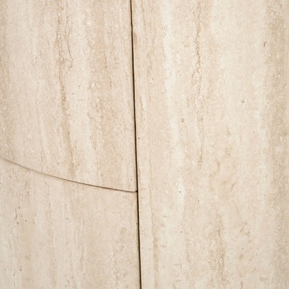 Cream Travertine Effect Curved Side Table with 1 Drawer & 1 Door – Contemporary Stone Veneer Bedside Cabinet Storage Unit 60x50x35cm – Cylindrical Travertine Effect Drum Bedside Table for Modern Neutral Bedroom or Living Room | Click Style