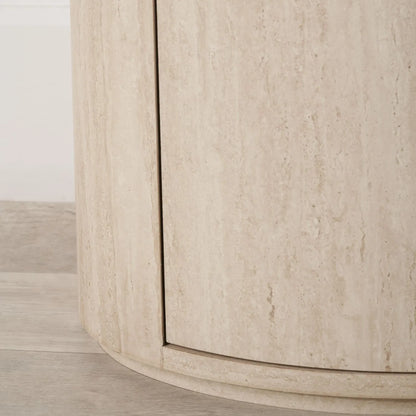 Cream Travertine Effect Curved Side Table with 1 Drawer & 1 Door – Contemporary Stone Veneer Bedside Cabinet Storage Unit 60x50x35cm – Cylindrical Travertine Effect Drum Bedside Table for Modern Neutral Bedroom or Living Room | Click Style