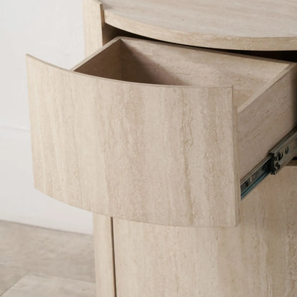 Cream Travertine Effect Curved Side Table with 1 Drawer & 1 Door – Contemporary Stone Veneer Bedside Cabinet Storage Unit 60x50x35cm – Cylindrical Travertine Effect Drum Bedside Table for Modern Neutral Bedroom or Living Room | Click Style