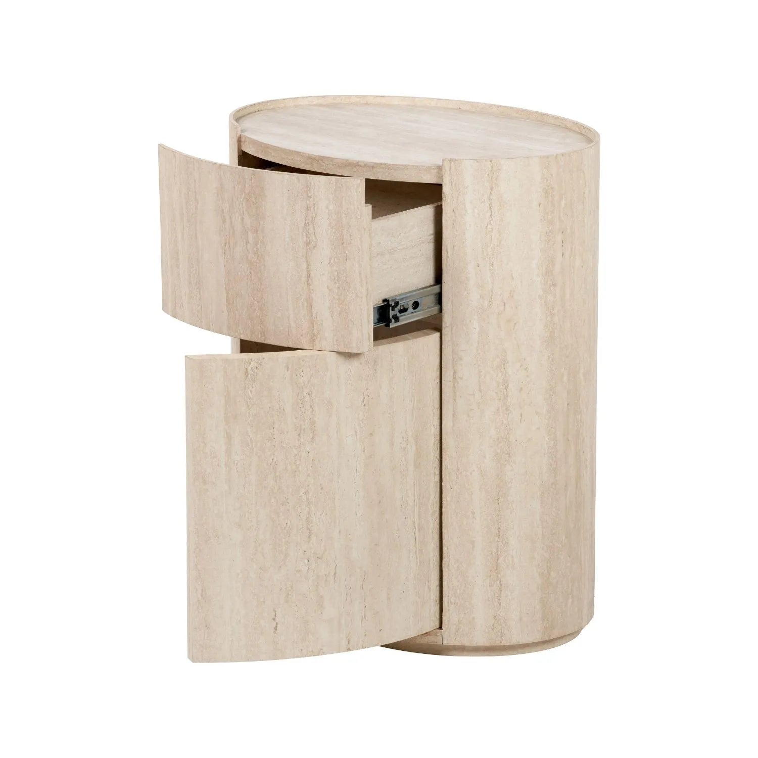 Cream Travertine Effect Curved Side Table with 1 Drawer & 1 Door – Contemporary Stone Veneer Bedside Cabinet Storage Unit 60x50x35cm – Cylindrical Travertine Effect Drum Bedside Table for Modern Neutral Bedroom or Living Room | Click Style