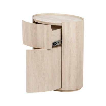 Cream Travertine Effect Curved Side Table with 1 Drawer & 1 Door – Contemporary Stone Veneer Bedside Cabinet Storage Unit 60x50x35cm – Cylindrical Travertine Effect Drum Bedside Table for Modern Neutral Bedroom or Living Room | Click Style