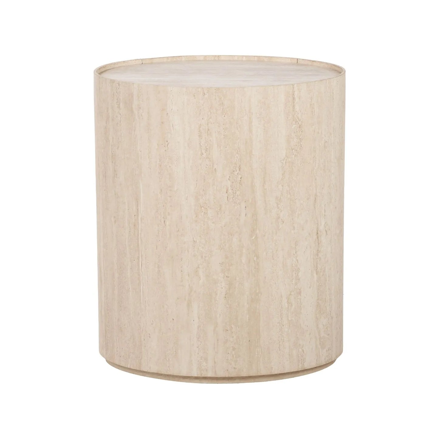Cream Travertine Effect Curved Side Table with 1 Drawer & 1 Door – Contemporary Stone Veneer Bedside Cabinet Storage Unit Back 60x50x35cm – Cylindrical Travertine Effect Drum Bedside Table for Modern Neutral Bedroom or Living Room | Click Style