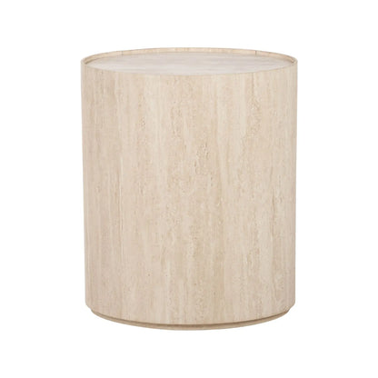 Cream Travertine Effect Curved Side Table with 1 Drawer & 1 Door – Contemporary Stone Veneer Bedside Cabinet Storage Unit Back 60x50x35cm – Cylindrical Travertine Effect Drum Bedside Table for Modern Neutral Bedroom or Living Room | Click Style