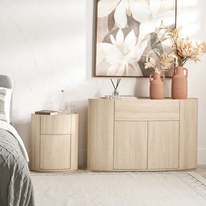 Cream Travertine Effect Curved Side Table with 1 Drawer & 1 Door – Contemporary Stone Veneer Bedside Cabinet Storage Unit 60x50x35cm – Cylindrical Travertine Effect Drum Bedside Table for Modern Neutral Bedroom or Living Room | Click Style