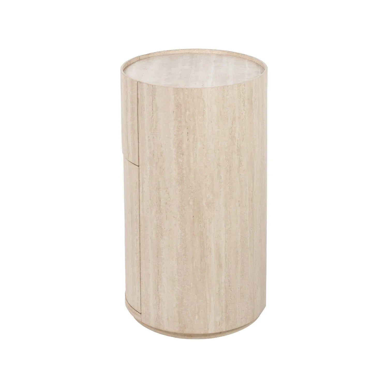 Cream Travertine Effect Curved Side Table with 1 Drawer & 1 Door – Contemporary Stone Veneer Bedside Cabinet Storage Unit Side 60x50x35cm – Cylindrical Travertine Effect Drum Bedside Table for Modern Neutral Bedroom or Living Room | Click Style