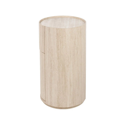 Cream Travertine Effect Curved Side Table with 1 Drawer & 1 Door – Contemporary Stone Veneer Bedside Cabinet Storage Unit Side 60x50x35cm – Cylindrical Travertine Effect Drum Bedside Table for Modern Neutral Bedroom or Living Room | Click Style