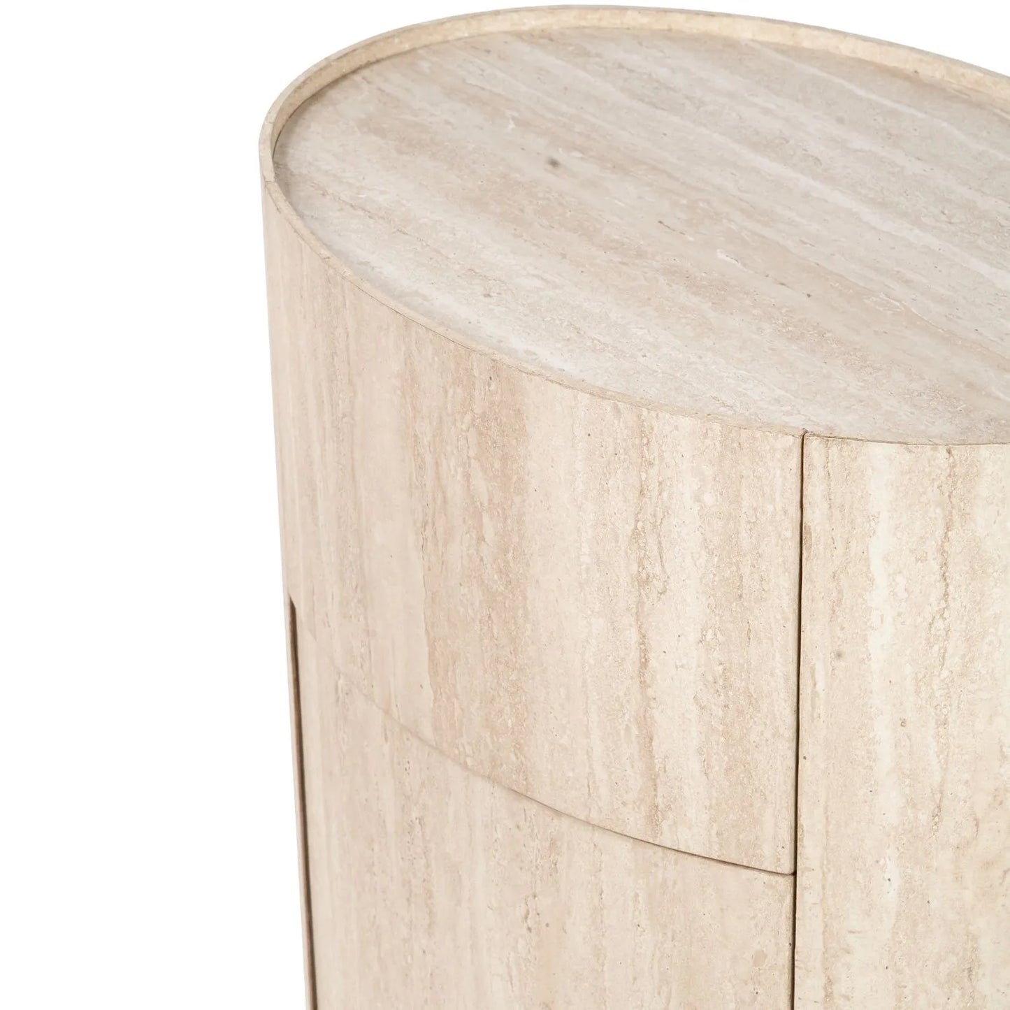 Cream Travertine Effect Curved Side Table with 1 Drawer & 1 Door – Contemporary Stone Veneer Bedside Cabinet Storage Unit 60x50x35cm – Cylindrical Travertine Effect Drum Bedside Table for Modern Neutral Bedroom or Living Room | Click Style