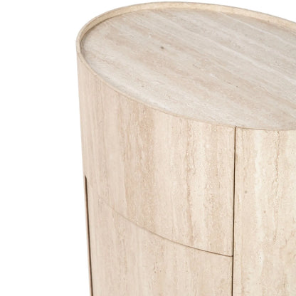 Cream Travertine Effect Curved Side Table with 1 Drawer & 1 Door – Contemporary Stone Veneer Bedside Cabinet Storage Unit 60x50x35cm – Cylindrical Travertine Effect Drum Bedside Table for Modern Neutral Bedroom or Living Room | Click Style