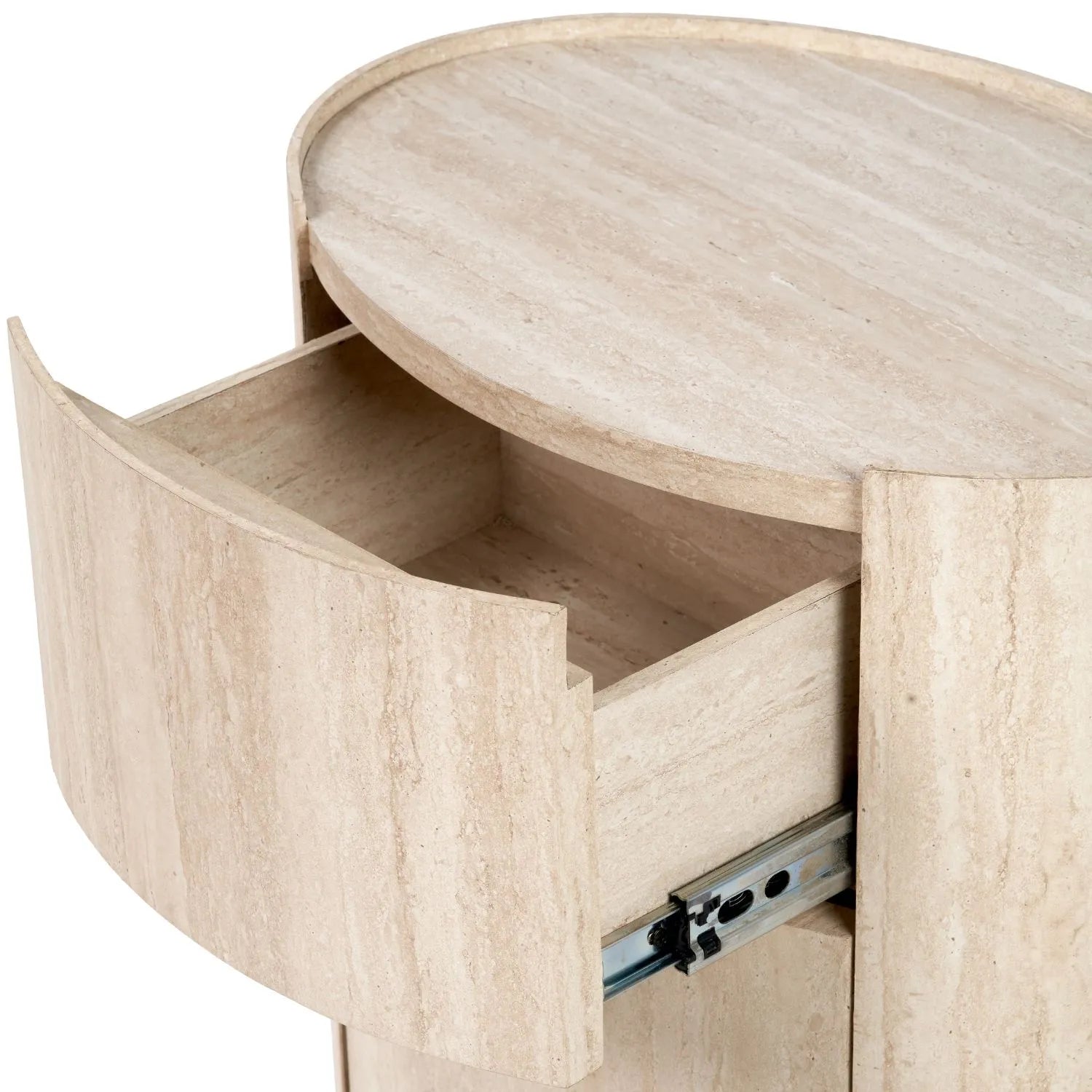Cream Travertine Effect Curved Side Table with 1 Drawer & 1 Door – Contemporary Stone Veneer Bedside Cabinet Storage Unit 60x50x35cm – Cylindrical Travertine Effect Drum Bedside Table for Modern Neutral Bedroom or Living Room | Click Style