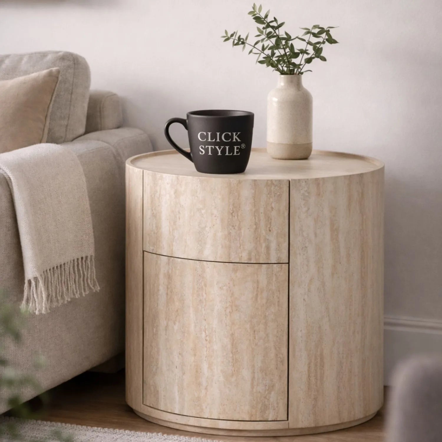 Cream Travertine Effect Curved Side Table with 1 Drawer & 1 Door – Contemporary Stone Veneer Bedside Cabinet Storage Unit 60x50x35cm – Cylindrical Travertine Effect Drum Bedside Table for Modern Neutral Bedroom or Living Room | Click Style
