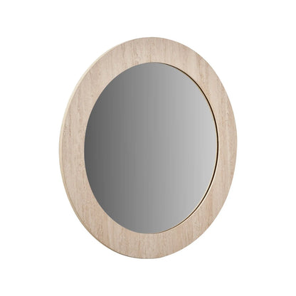 Cream Travertine Effect Round Wall Mirror with Stone Veneer Frame Ø80xD2cm – Contemporary Decorative Round Mirror with Natural Stone Texture Frame for Living Rooms Hallways Bedrooms and Modern UK Interiors | Click Style