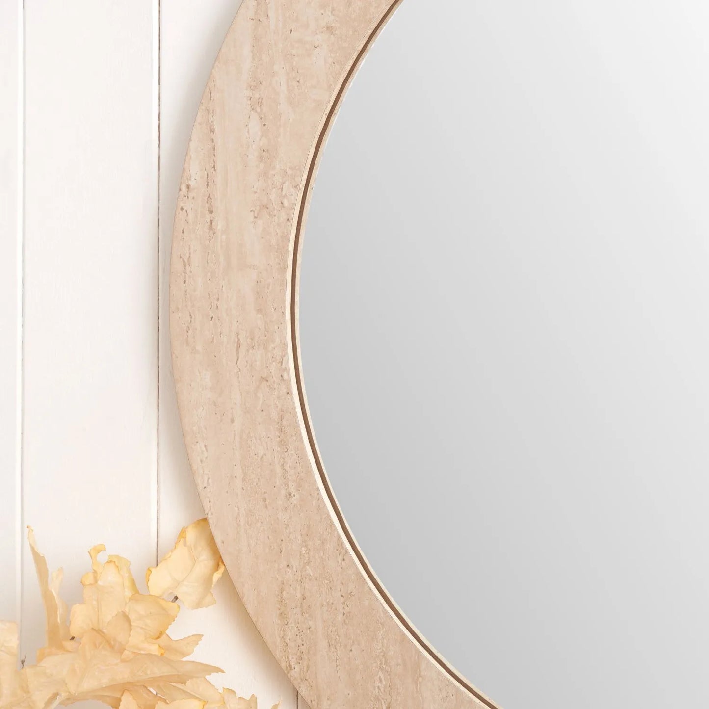Cream Travertine Effect Round Wall Mirror with Stone Veneer Frame Ø80xD2cm – Contemporary Decorative Round Mirror with Natural Stone Texture Frame for Living Rooms Hallways Bedrooms and Modern UK Interiors | Click Style