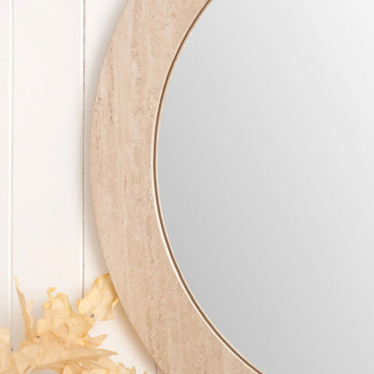 Cream Travertine Effect Round Wall Mirror with Stone Veneer Frame Ø80xD2cm – Contemporary Decorative Round Mirror with Natural Stone Texture Frame for Living Rooms Hallways Bedrooms and Modern UK Interiors | Click Style