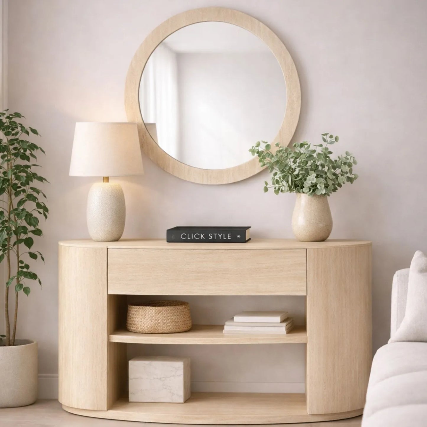 Cream Travertine Effect Round Wall Mirror with Stone Veneer Frame Ø80xD2cm – Contemporary Decorative Round Mirror with Natural Stone Texture Frame for Living Rooms Hallways Bedrooms and Modern UK Interiors | Click Style