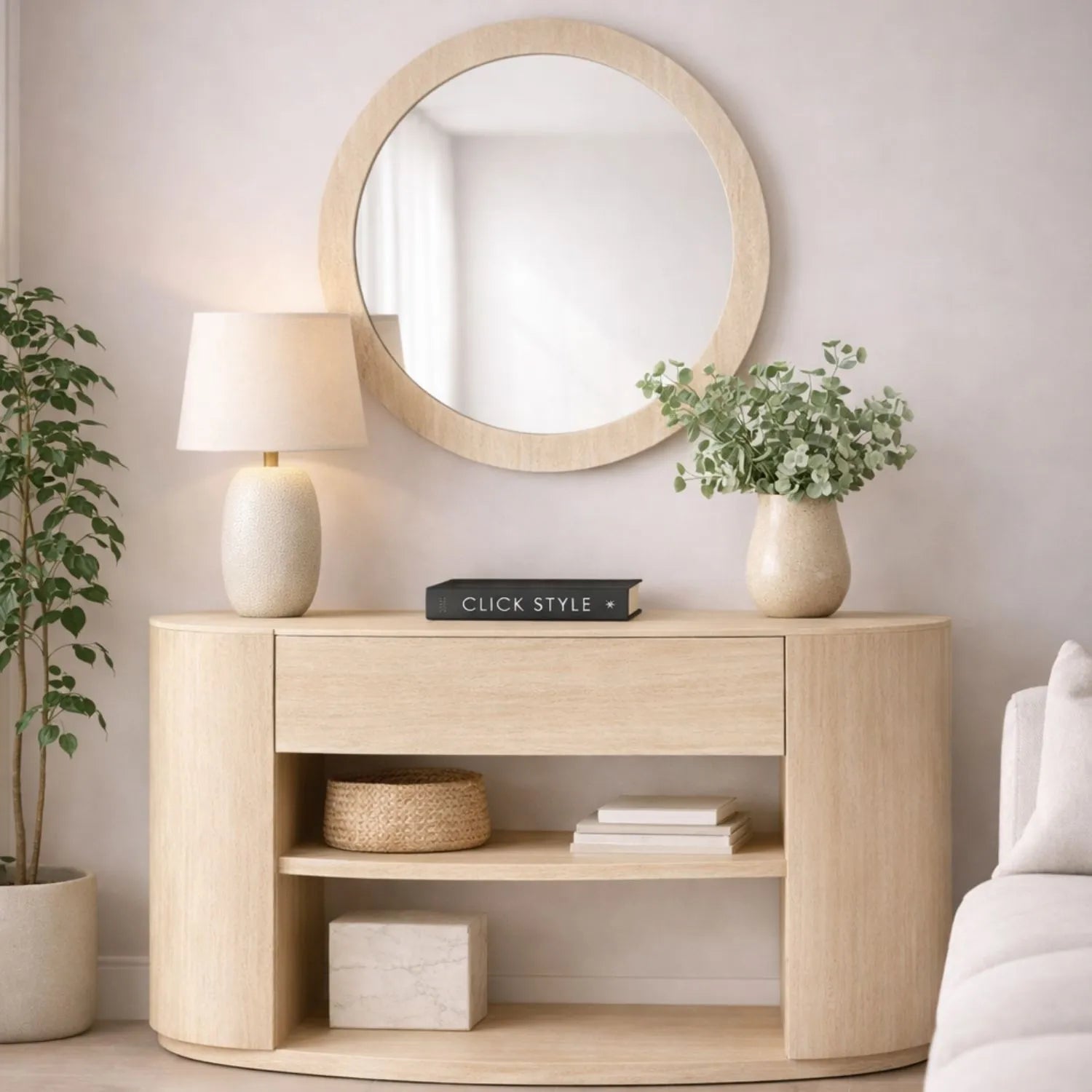 Cream Travertine Effect Round Wall Mirror with Stone Veneer Frame Ø80xD2cm – Contemporary Decorative Round Mirror with Natural Stone Texture Frame for Living Rooms Hallways Bedrooms and Modern UK Interiors | Click Style