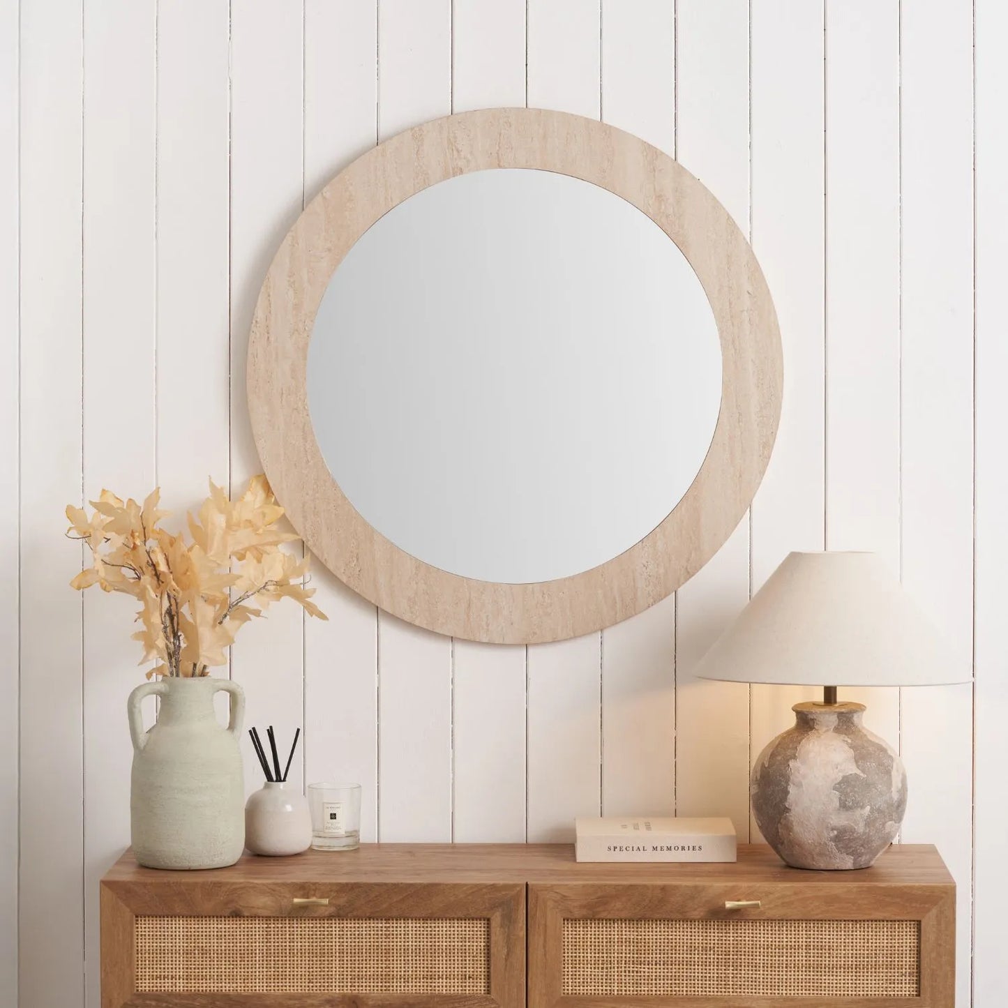 Cream Travertine Effect Round Wall Mirror with Stone Veneer Frame Ø80xD2cm – Contemporary Decorative Round Mirror with Natural Stone Texture Frame for Living Rooms Hallways Bedrooms and Modern UK Interiors | Click Style