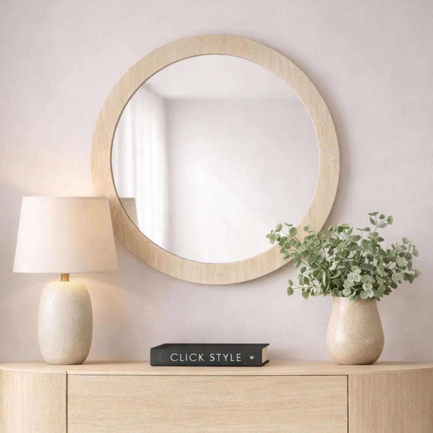 Cream Travertine Effect Round Wall Mirror with Stone Veneer Frame Ø80xD2cm – Contemporary Decorative Round Mirror with Natural Stone Texture Frame for Living Rooms Hallways Bedrooms and Modern UK Interiors | Click Style