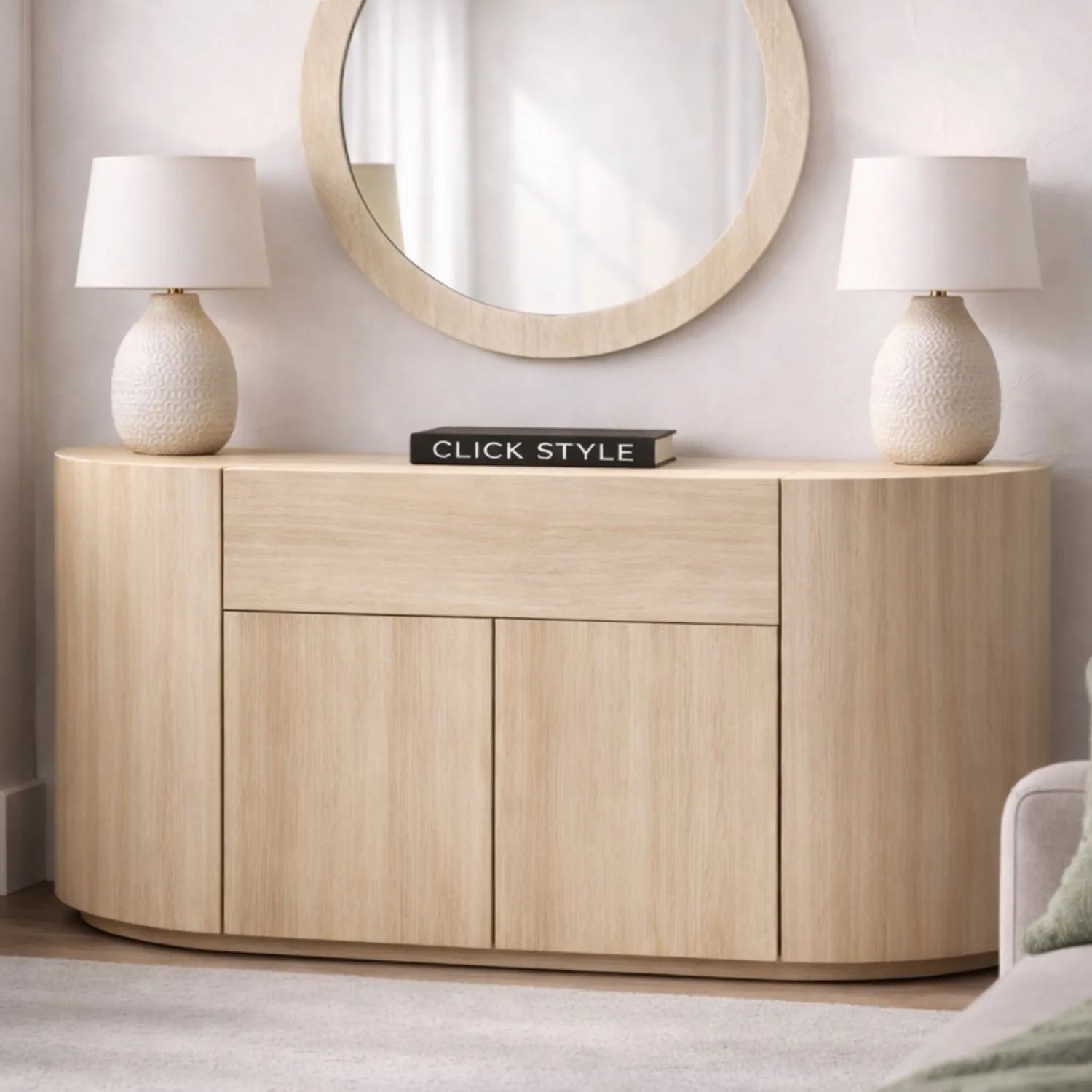 Cream Travertine Effect Sideboard with 1 Drawer & 2 Doors – Contemporary Curved Stone Veneer Finish Storage Cabinet Front 76x120x40cm – Modern Neutral Handleless Travertine Style Sideboard for Living Rooms and Dining Rooms | Click Style