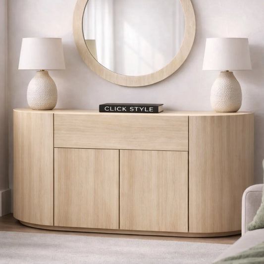 Cream Travertine Effect Sideboard with 1 Drawer & 2 Doors – Contemporary Curved Stone Veneer Finish Storage Cabinet Front 76x120x40cm – Modern Neutral Handleless Travertine Style Sideboard for Living Rooms and Dining Rooms | Click Style