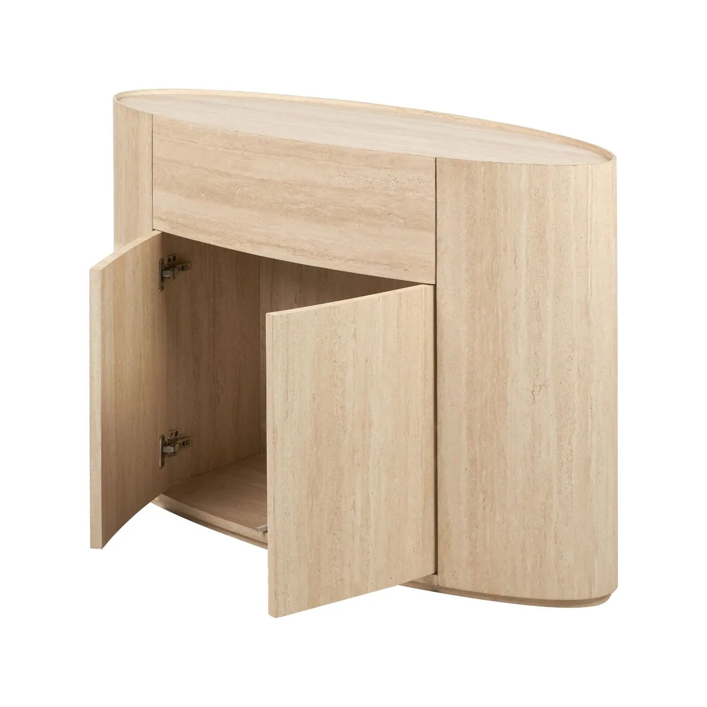 Cream Travertine Effect Sideboard with 1 Drawer & 2 Doors – Contemporary Curved Stone Veneer Finish Storage Cabinet 76x120x40cm – Modern Neutral Handleless Travertine Style Sideboard for Living Rooms and Dining Rooms | Click Style