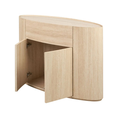 Cream Travertine Effect Sideboard with 1 Drawer & 2 Doors – Contemporary Curved Stone Veneer Finish Storage Cabinet 76x120x40cm – Modern Neutral Handleless Travertine Style Sideboard for Living Rooms and Dining Rooms | Click Style