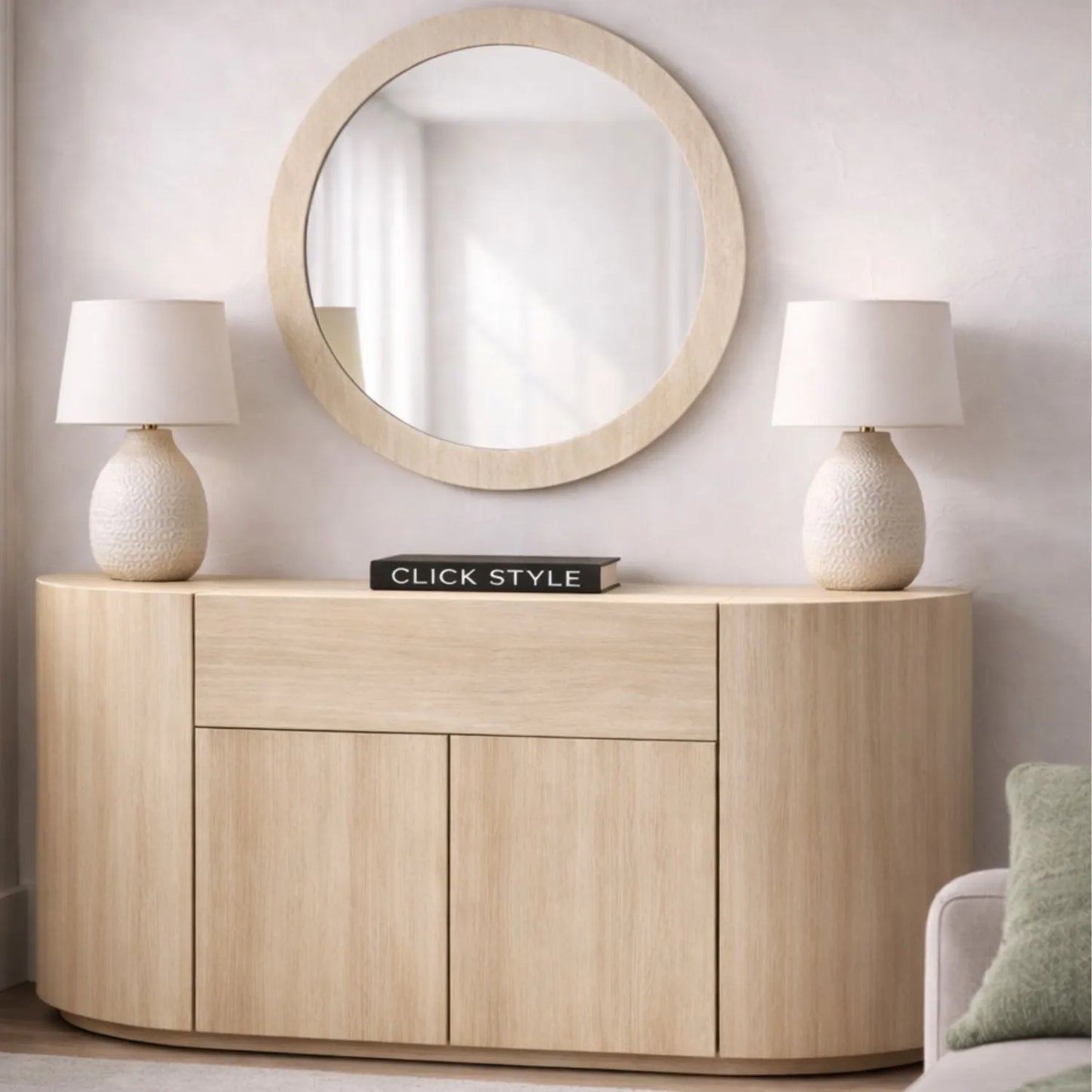 Cream Travertine Effect Sideboard with 1 Drawer & 2 Doors – Contemporary Curved Stone Veneer Finish Storage Cabinet Front 76x120x40cm – Modern Neutral Handleless Travertine Style Sideboard for Living Rooms and Dining Rooms | Click Style
