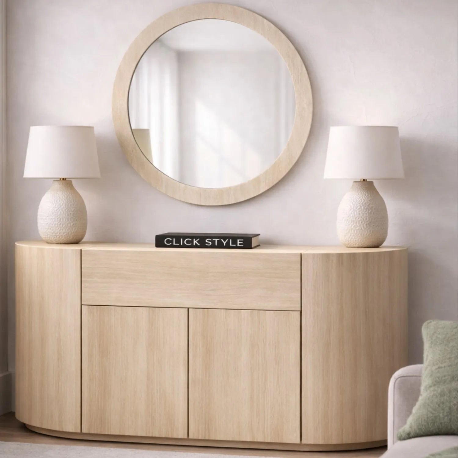 Cream Travertine Effect Sideboard with 1 Drawer & 2 Doors – Contemporary Curved Stone Veneer Finish Storage Cabinet Front 76x120x40cm – Modern Neutral Handleless Travertine Style Sideboard for Living Rooms and Dining Rooms | Click Style