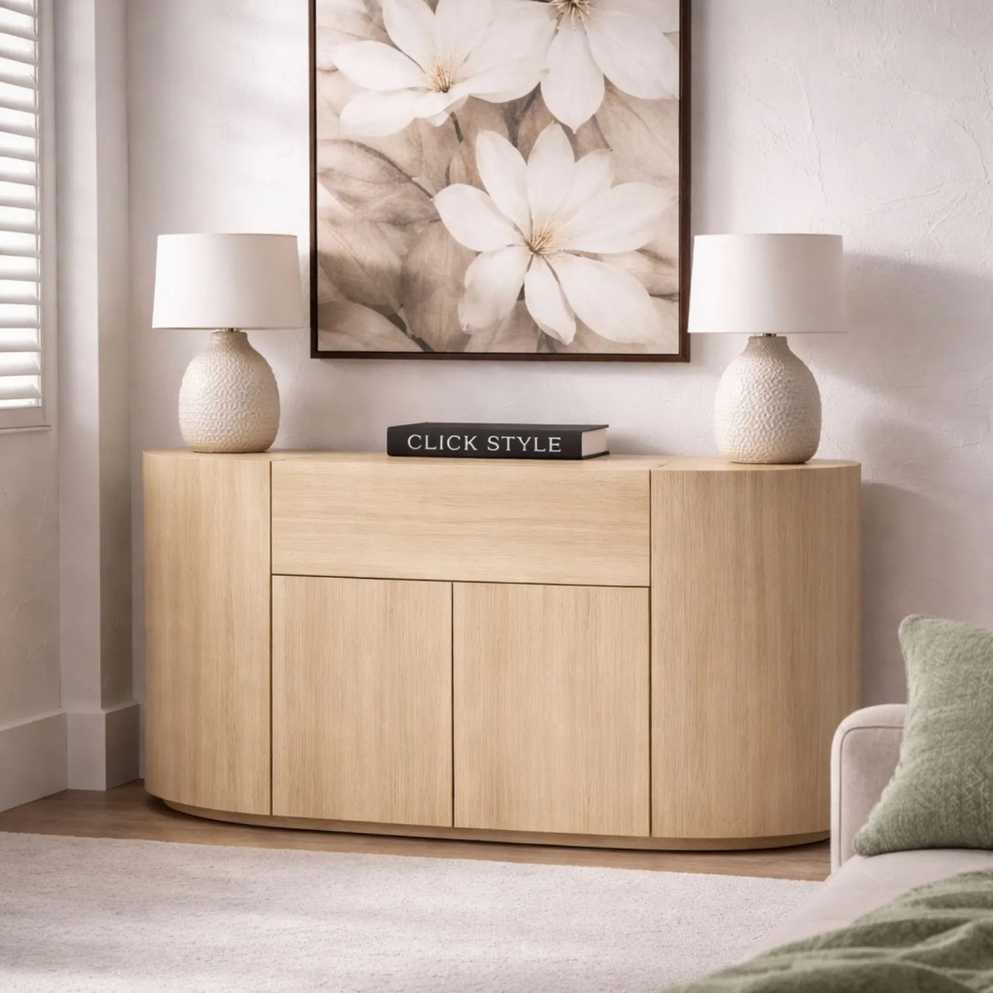 Cream Travertine Effect Sideboard with 1 Drawer & 2 Doors – Contemporary Curved Stone Veneer Finish Storage Cabinet 76x120x40cm – Modern Neutral Handleless Travertine Style Sideboard for Living Rooms and Dining Rooms | Click Style