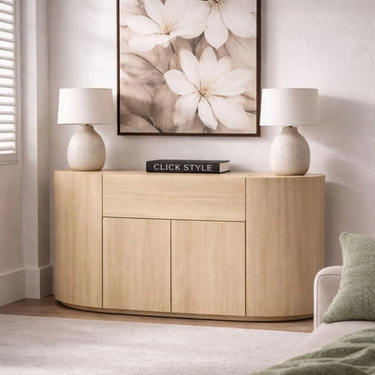 Cream Travertine Effect Sideboard with 1 Drawer & 2 Doors – Contemporary Curved Stone Veneer Finish Storage Cabinet 76x120x40cm – Modern Neutral Handleless Travertine Style Sideboard for Living Rooms and Dining Rooms | Click Style