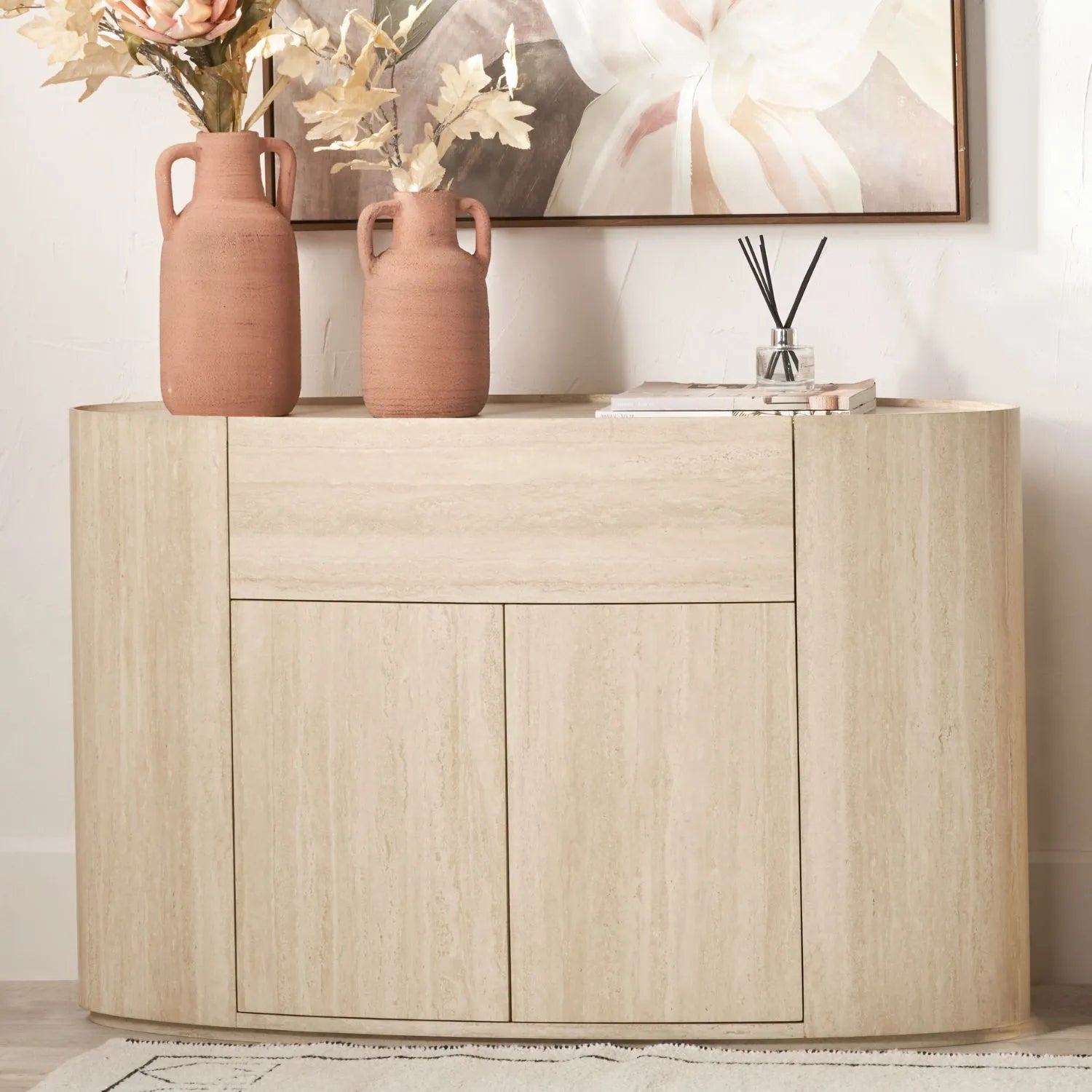 Cream Travertine Effect Sideboard with 1 Drawer & 2 Doors – Contemporary Curved Stone Veneer Finish Storage Cabinet 76x120x40cm – Modern Neutral Handleless Travertine Style Sideboard for Living Rooms and Dining Rooms | Click Style