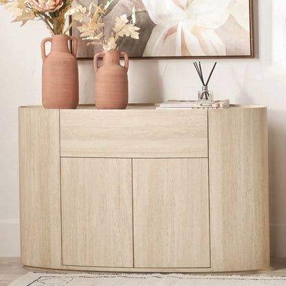 Cream Travertine Effect Sideboard with 1 Drawer & 2 Doors – Contemporary Curved Stone Veneer Finish Storage Cabinet 76x120x40cm – Modern Neutral Handleless Travertine Style Sideboard for Living Rooms and Dining Rooms | Click Style
