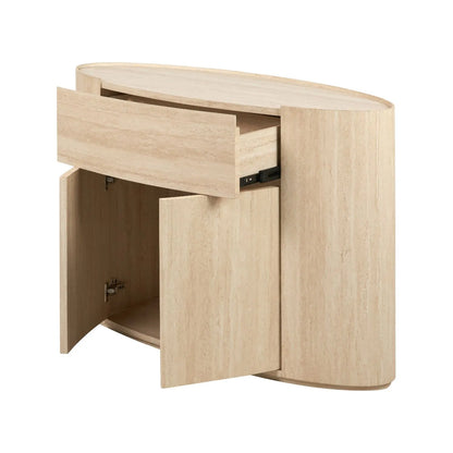Cream Travertine Effect Sideboard with 1 Drawer & 2 Doors – Contemporary Curved Stone Veneer Finish Storage Cabinet 76x120x40cm – Modern Neutral Handleless Travertine Style Sideboard for Living Rooms and Dining Rooms | Click Style