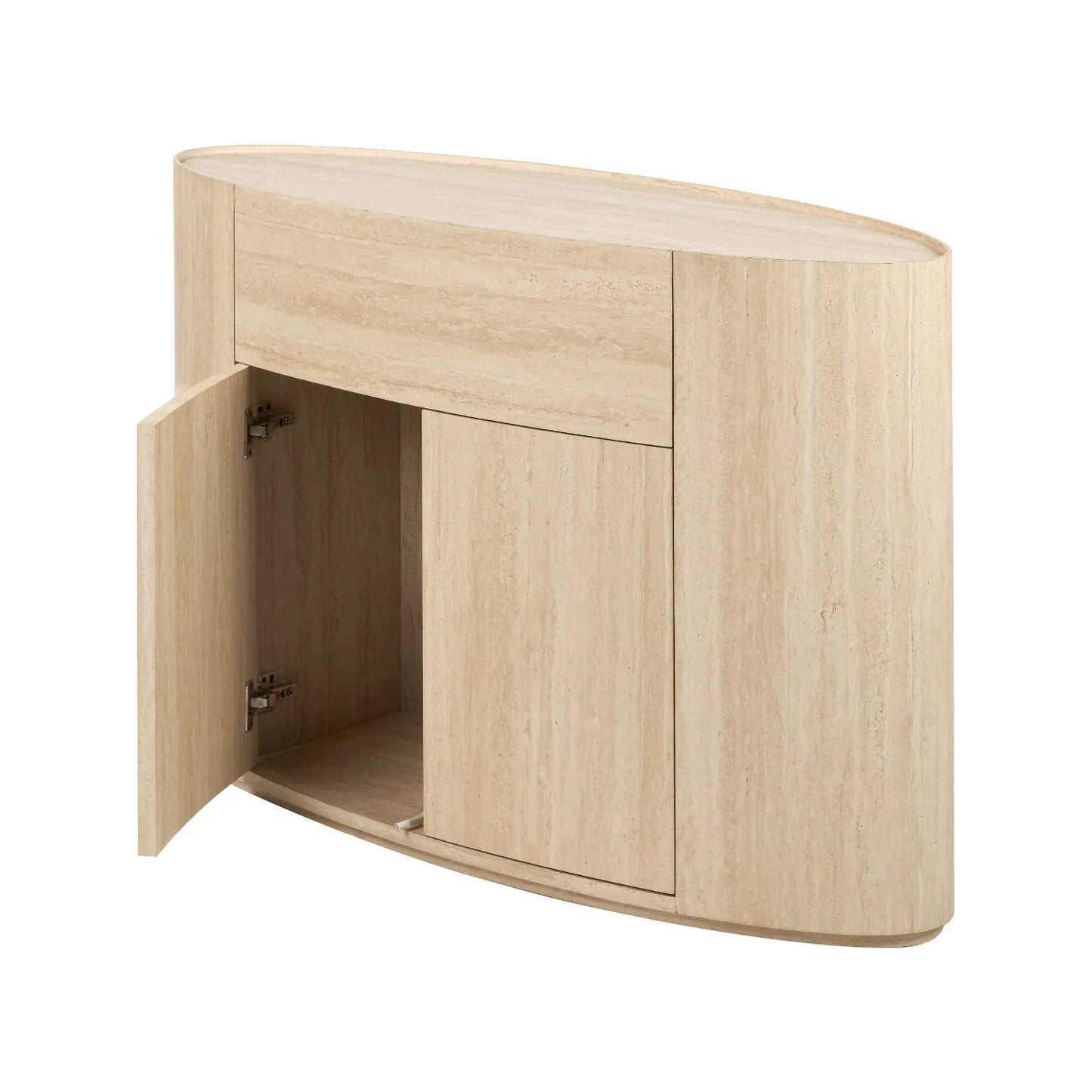 Cream Travertine Effect Sideboard with 1 Drawer & 2 Doors – Contemporary Curved Stone Veneer Finish Storage Cabinet 76x120x40cm – Modern Neutral Handleless Travertine Style Sideboard for Living Rooms and Dining Rooms | Click Style