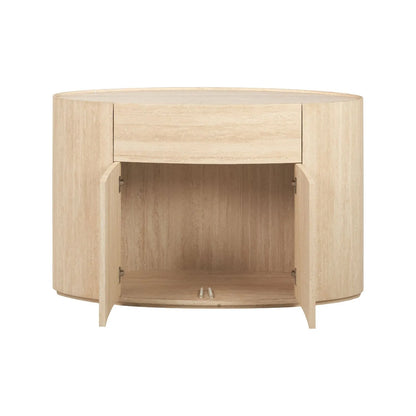 Cream Travertine Effect Sideboard with 1 Drawer & 2 Doors – Contemporary Curved Stone Veneer Finish Storage Cabinet 76x120x40cm – Modern Neutral Handleless Travertine Style Sideboard for Living Rooms and Dining Rooms | Click Style