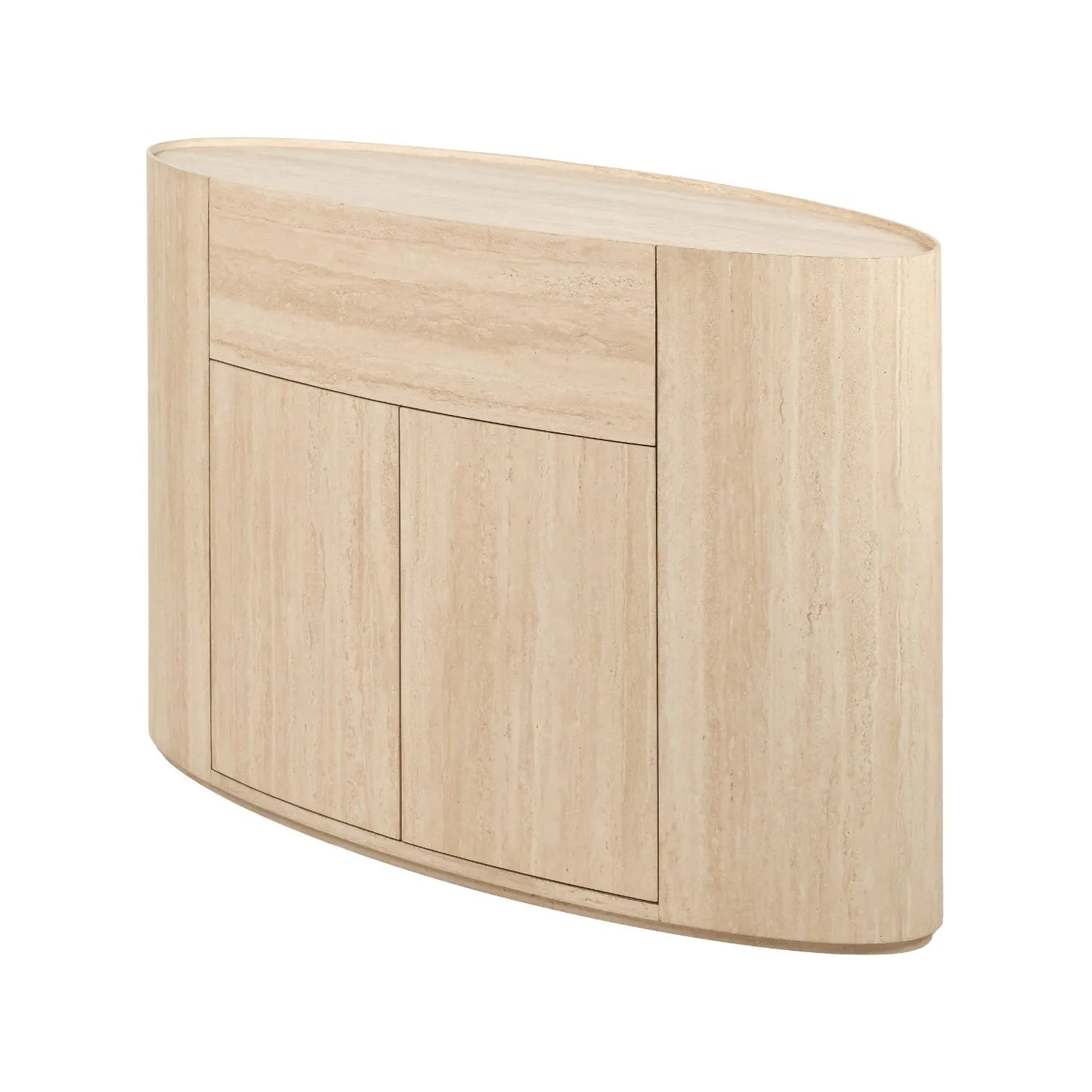 Cream Travertine Effect Sideboard with 1 Drawer & 2 Doors – Contemporary Curved Stone Veneer Finish Storage Cabinet 76x120x40cm – Modern Neutral Handleless Travertine Style Sideboard for Living Rooms and Dining Rooms | Click Style