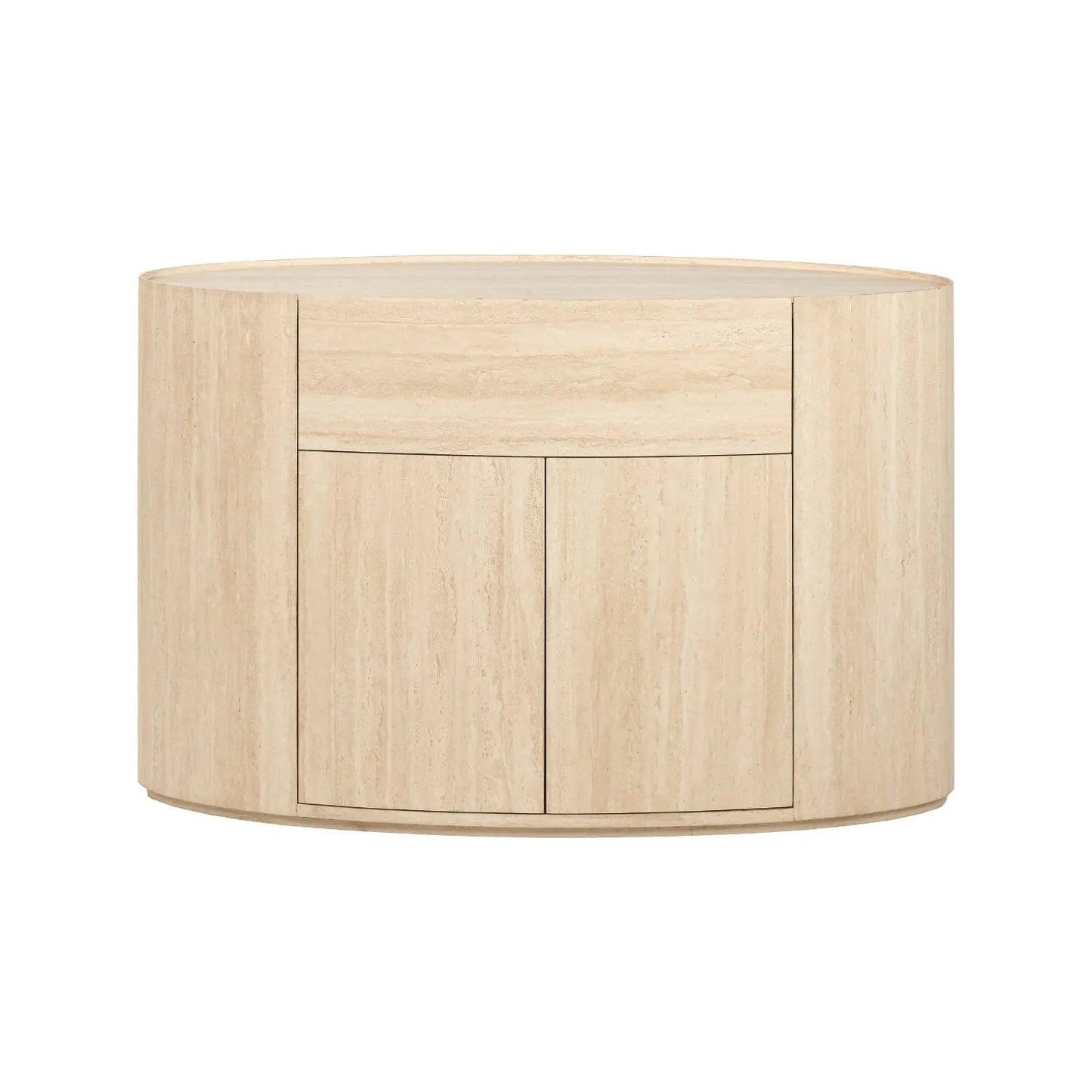 Cream Travertine Effect Sideboard with 1 Drawer & 2 Doors – Contemporary Curved Stone Veneer Finish Storage Cabinet Front 76x120x40cm – Modern Neutral Handleless Travertine Style Sideboard for Living Rooms and Dining Rooms | Click Style
