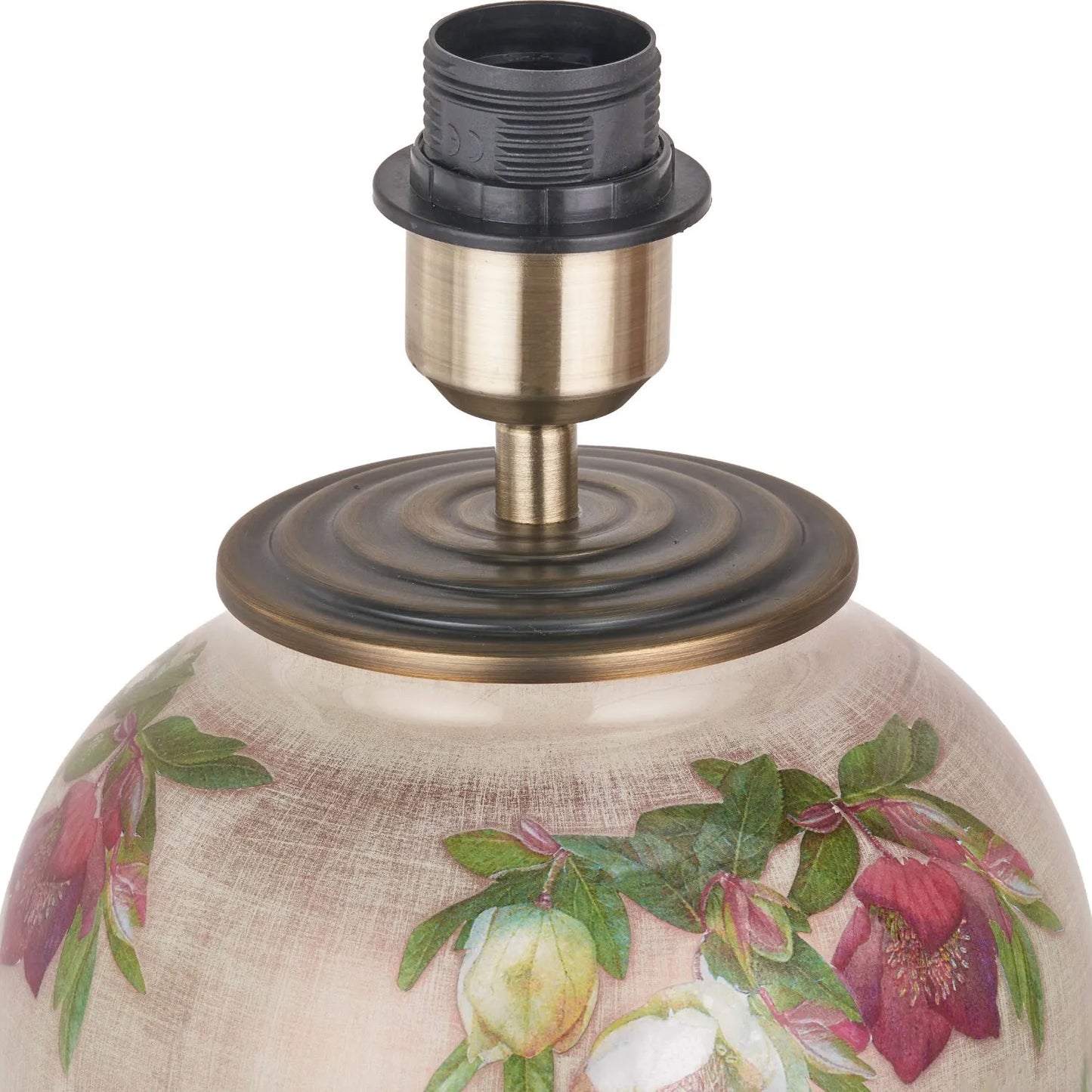Jenny Worrall Crimson Plum & White Hellebore & Foliage Cream Champagne & Gold Glass Table Lamp Base with Bulbous Shape & Antique Brass Feet – Handcrafted Luxury Floral Lighting 35x20x20cm | Click Style