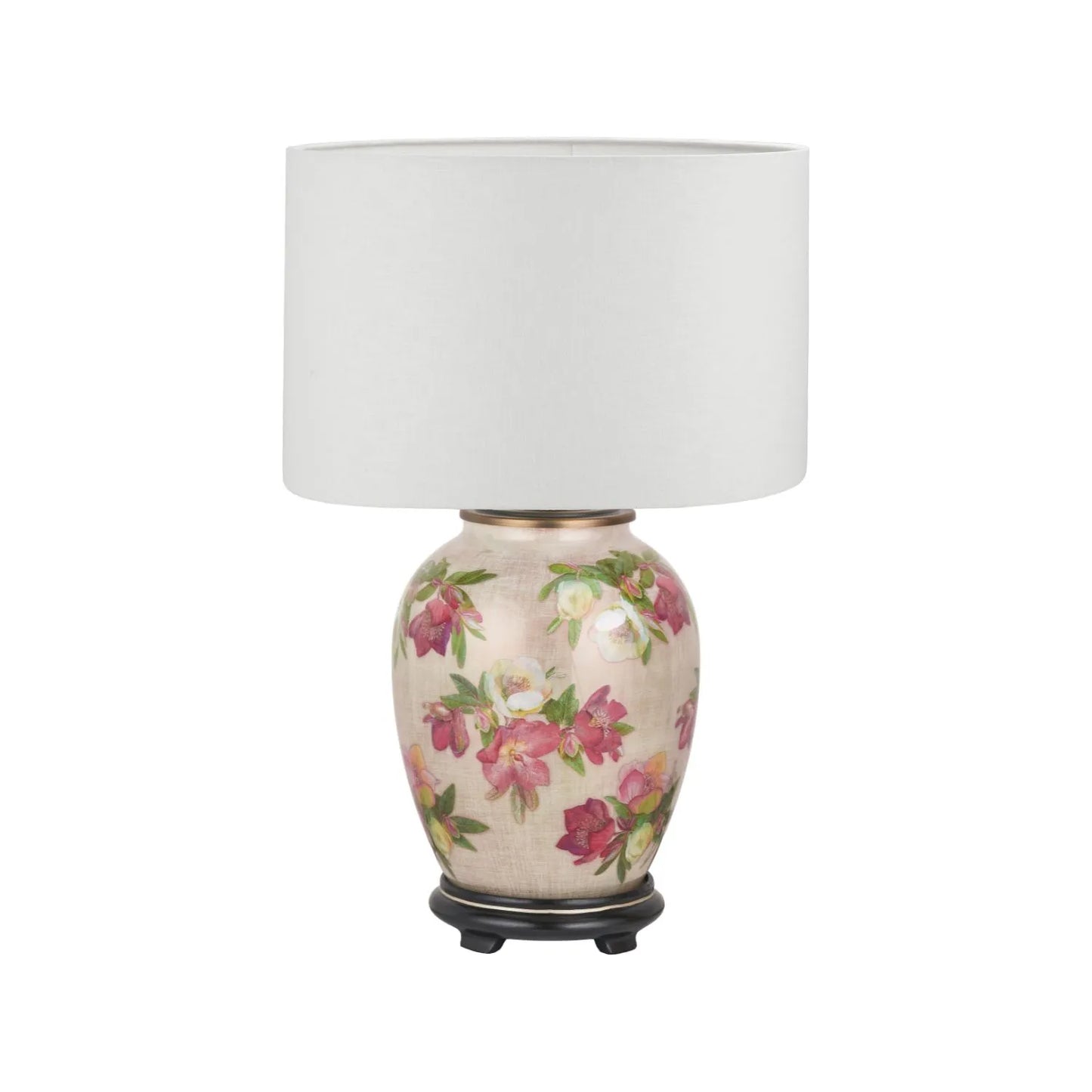 Jenny Worrall Crimson Plum & White Hellebore & Foliage Cream Champagne & Gold Glass Table Lamp Base with Bulbous Shape & Antique Brass Feet – Handcrafted Luxury Floral Lighting 35x20x20cm | Click Style