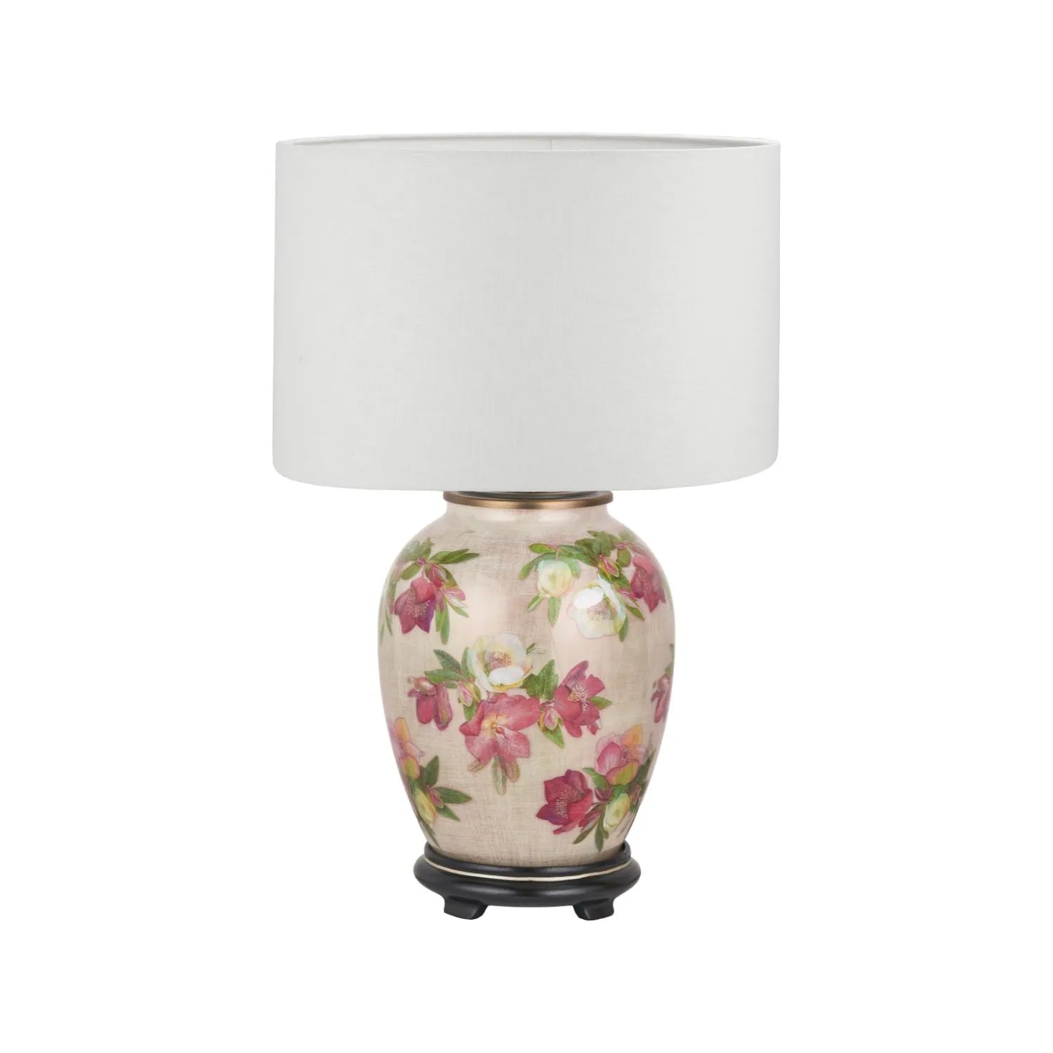 Jenny Worrall Crimson Plum & White Hellebore & Foliage Cream Champagne & Gold Glass Table Lamp Base with Bulbous Shape & Antique Brass Feet – Handcrafted Luxury Floral Lighting 35x20x20cm | Click Style