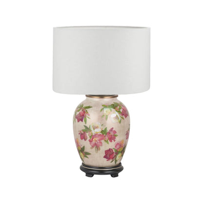 Jenny Worrall Crimson Plum & White Hellebore & Foliage Cream Champagne & Gold Glass Table Lamp Base with Bulbous Shape & Antique Brass Feet – Handcrafted Luxury Floral Lighting 35x20x20cm | Click Style