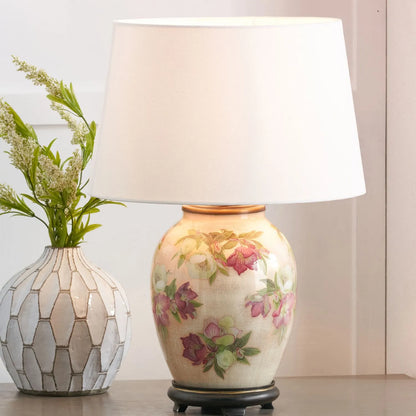 Jenny Worrall Crimson Plum & White Hellebore & Foliage Cream Champagne & Gold Glass Table Lamp Base with Bulbous Shape & Antique Brass Feet – Handcrafted Luxury Floral Lighting 35x20x20cm | Click Style