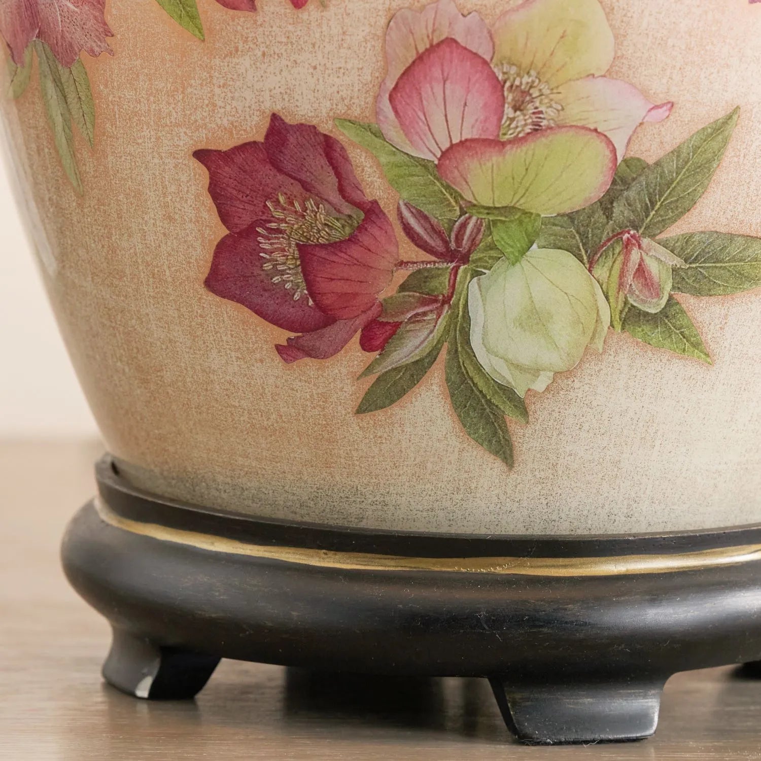 Jenny Worrall Crimson Plum & White Hellebore & Foliage Cream Champagne & Gold Glass Table Lamp Base with Bulbous Shape & Antique Brass Feet – Handcrafted Luxury Floral Lighting 35x20x20cm | Click Style