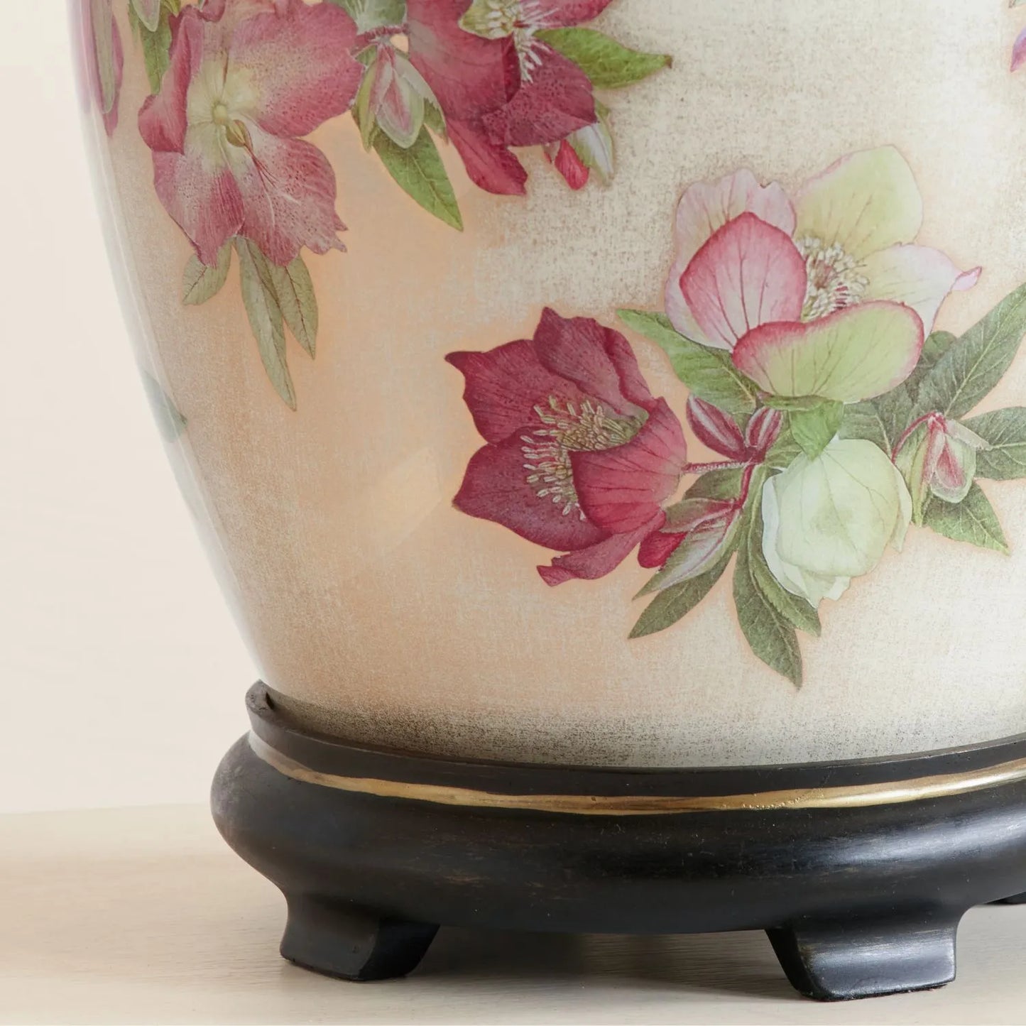 Jenny Worrall Crimson Plum & White Hellebore & Foliage Cream Champagne & Gold Glass Table Lamp Base with Bulbous Shape & Antique Brass Feet – Handcrafted Luxury Floral Lighting 35x20x20cm | Click Style