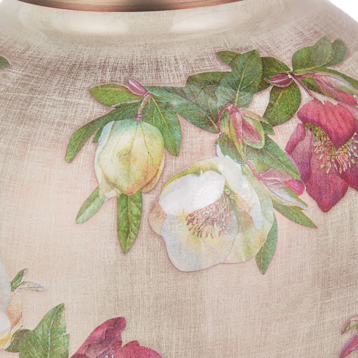 Jenny Worrall Crimson Plum & White Hellebore & Foliage Cream Champagne & Gold Glass Table Lamp Base with Bulbous Shape & Antique Brass Feet – Handcrafted Luxury Floral Lighting 35x20x20cm | Click Style