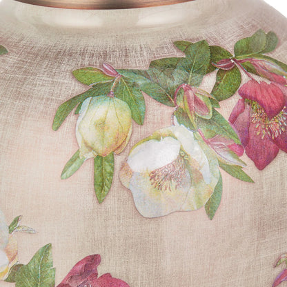 Jenny Worrall Crimson Plum & White Hellebore & Foliage Cream Champagne & Gold Glass Table Lamp Base with Bulbous Shape & Antique Brass Feet – Handcrafted Luxury Floral Lighting 35x20x20cm | Click Style