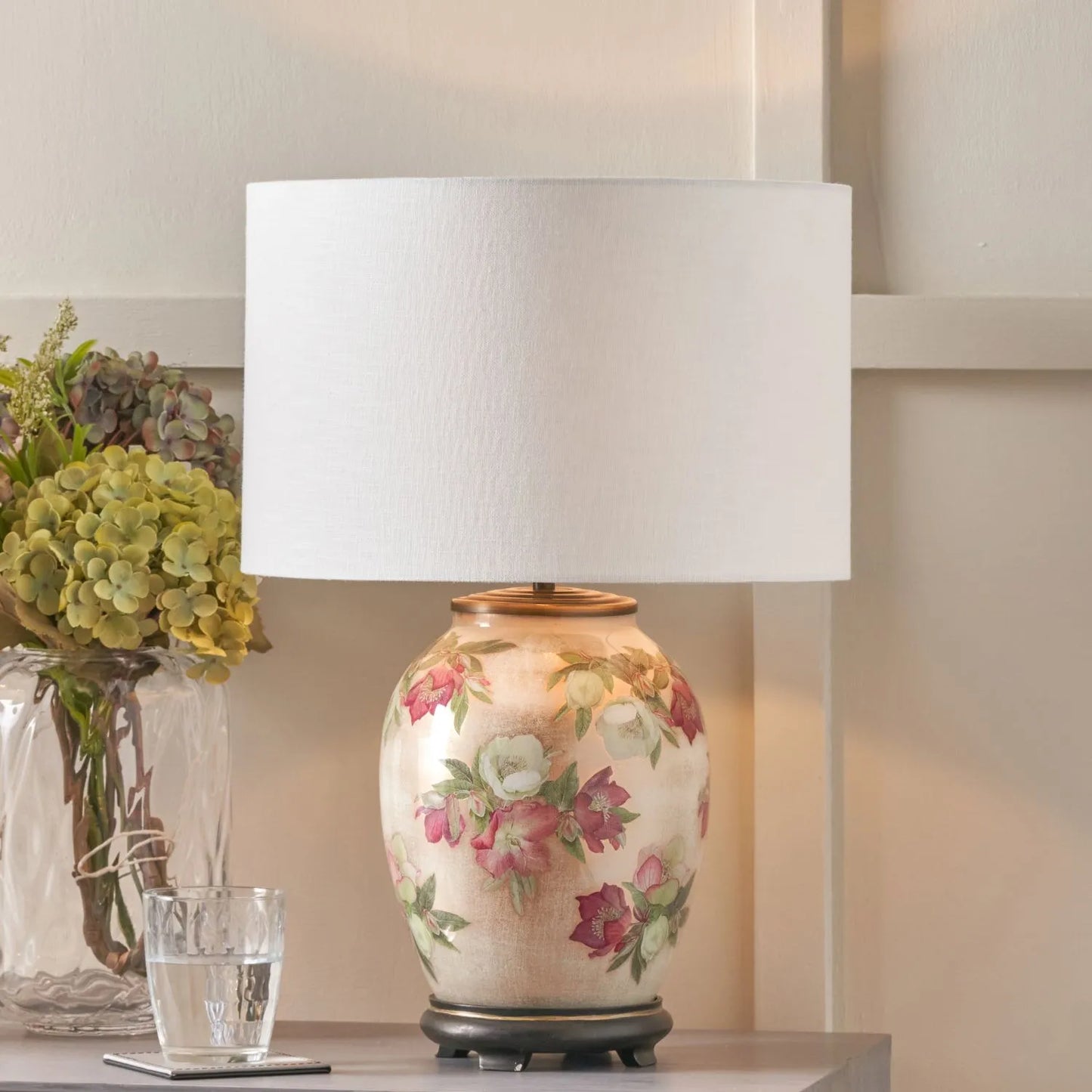 Jenny Worrall Crimson Plum & White Hellebore & Foliage Cream Champagne & Gold Glass Table Lamp Base with Bulbous Shape & Antique Brass Feet – Handcrafted Luxury Floral Lighting 35x20x20cm | Click Style