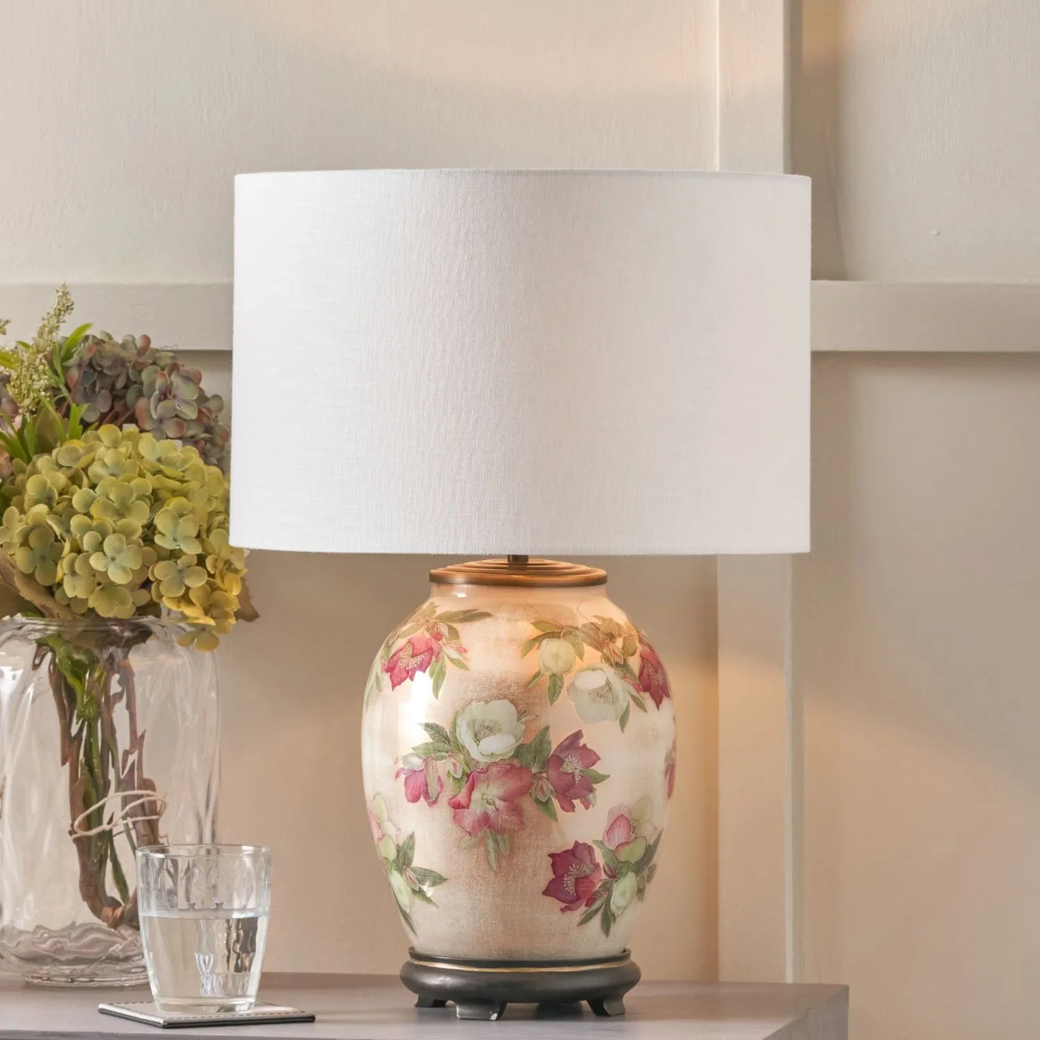 Jenny Worrall Crimson Plum & White Hellebore & Foliage Cream Champagne & Gold Glass Table Lamp Base with Bulbous Shape & Antique Brass Feet – Handcrafted Luxury Floral Lighting 35x20x20cm | Click Style