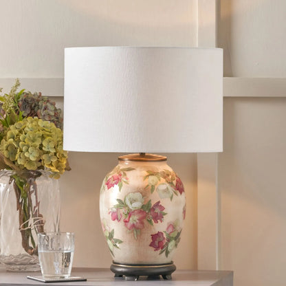 Jenny Worrall Crimson Plum & White Hellebore & Foliage Cream Champagne & Gold Glass Table Lamp Base with Bulbous Shape & Antique Brass Feet – Handcrafted Luxury Floral Lighting 35x20x20cm | Click Style