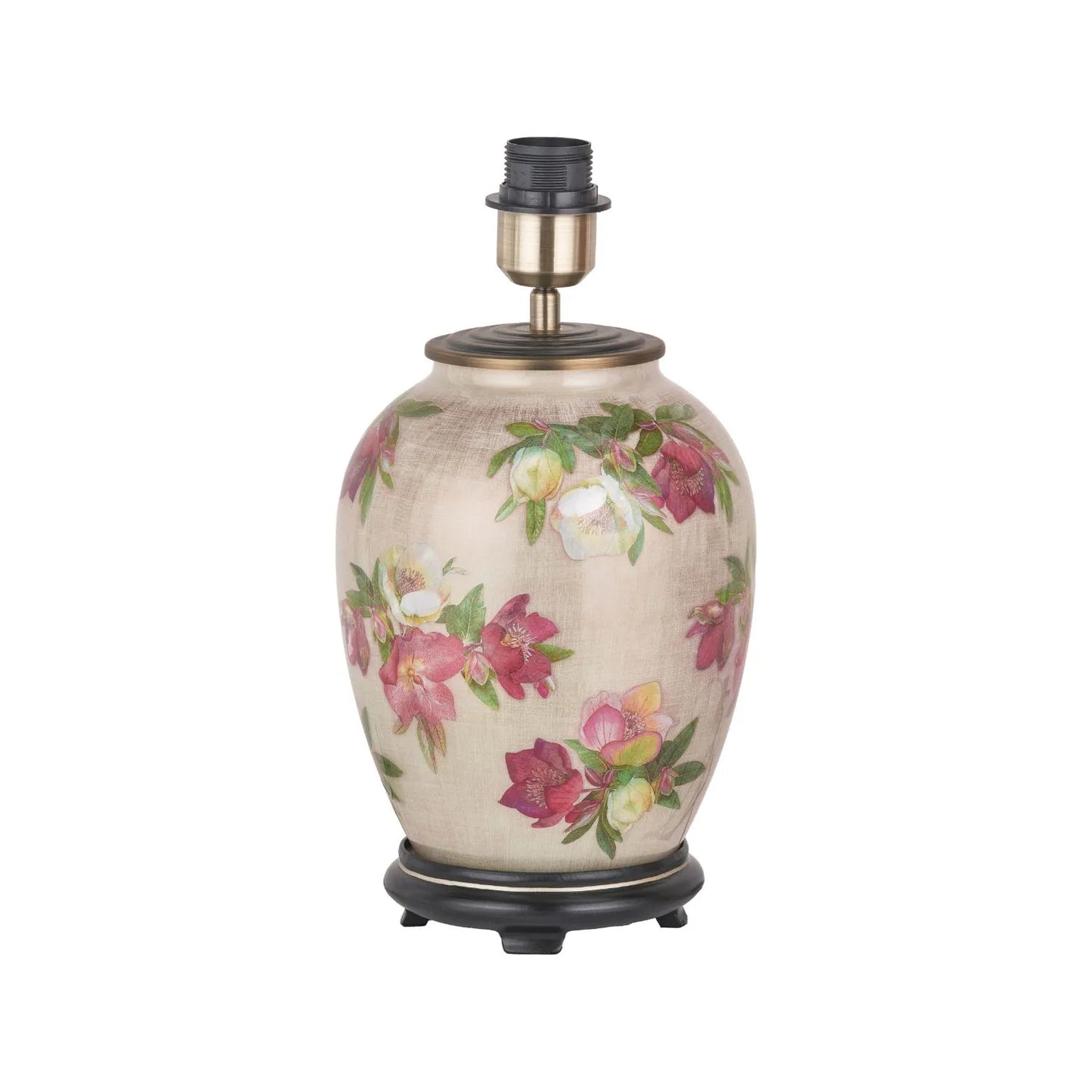 Jenny Worrall Crimson Plum & White Hellebore & Foliage Cream Champagne & Gold Glass Table Lamp Base with Bulbous Shape & Antique Brass Feet – Handcrafted Luxury Floral Lighting 35x20x20cm | Click Style