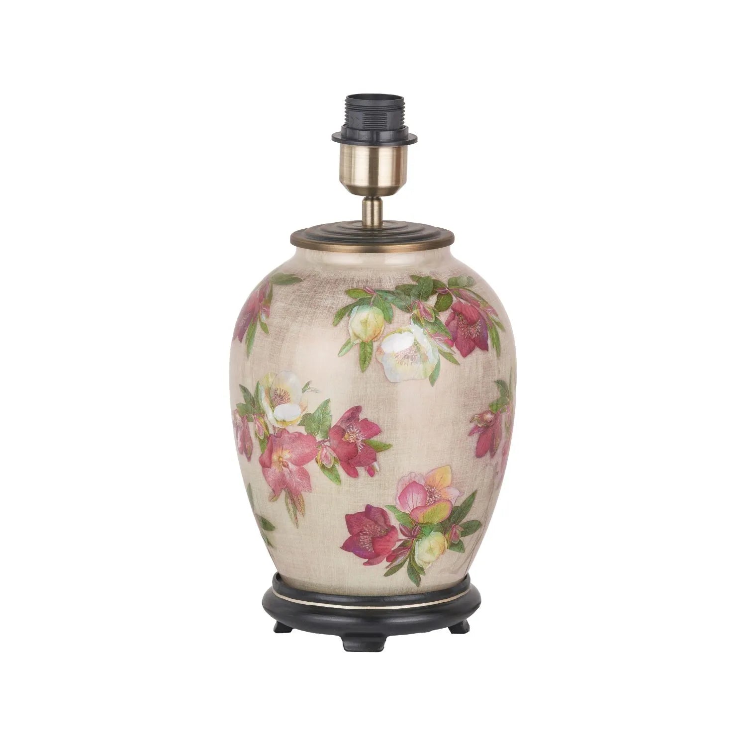 Jenny Worrall Crimson Plum & White Hellebore & Foliage Cream Champagne & Gold Glass Table Lamp Base with Bulbous Shape & Antique Brass Feet – Handcrafted Luxury Floral Lighting 35x20x20cm | Click Style
